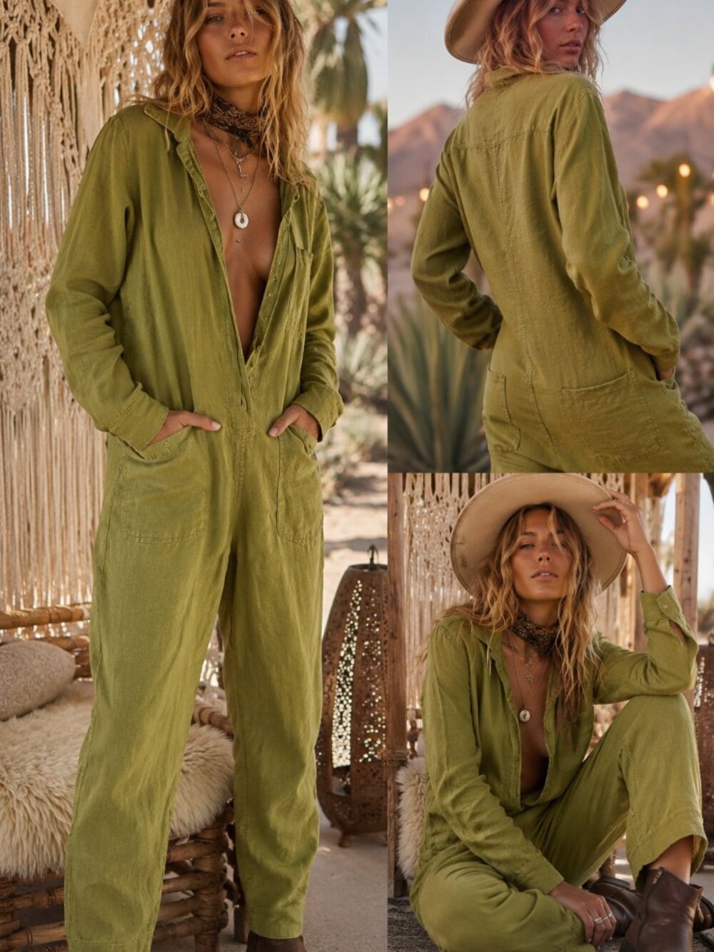 Back Beat Co. Linen Jumpsuit Olive Green Made in California Size M
